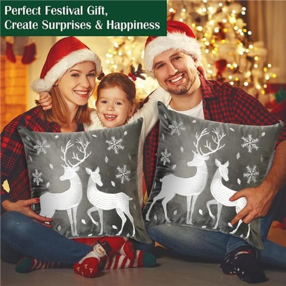 Christmas Throw Pillow Cover, 2 Pack Deer Snowflake Embroidery Decorative - Picture 7 of 8